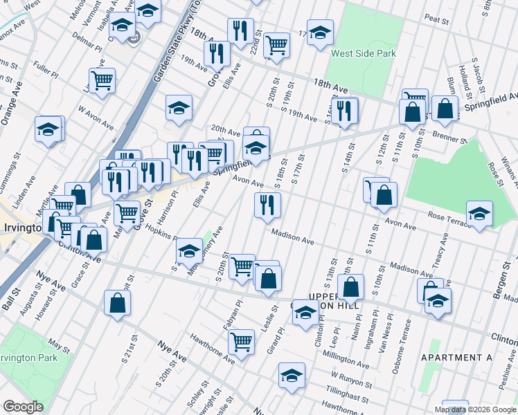 map of restaurants, bars, coffee shops, grocery stores, and more near 830 South 19th Street in Newark