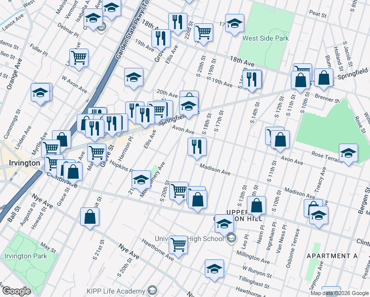map of restaurants, bars, coffee shops, grocery stores, and more near 812 South 19th Street in Newark