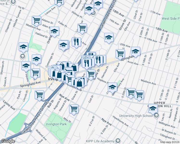 map of restaurants, bars, coffee shops, grocery stores, and more near 892 Springfield Avenue in Irvington