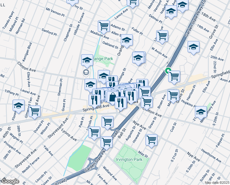 map of restaurants, bars, coffee shops, grocery stores, and more near 1171 Clinton Avenue in Irvington