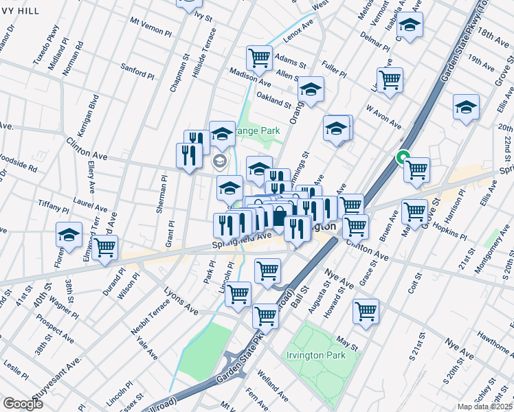 map of restaurants, bars, coffee shops, grocery stores, and more near 53 Orange Avenue in Irvington