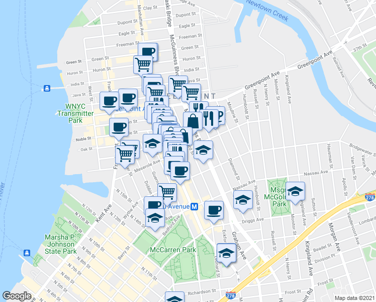 map of restaurants, bars, coffee shops, grocery stores, and more near 132 Meserole Avenue in Brooklyn