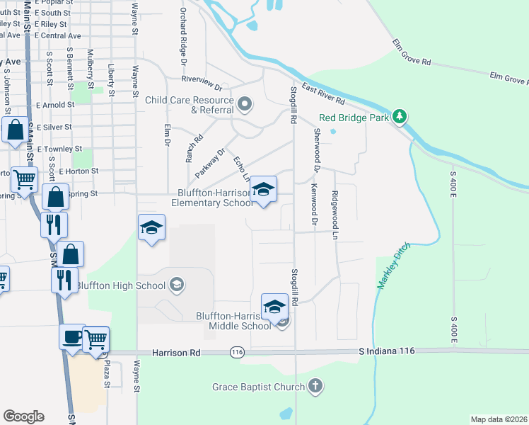 map of restaurants, bars, coffee shops, grocery stores, and more near 1100 E Spring St in Bluffton