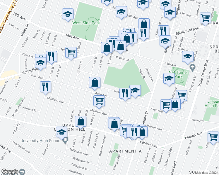 map of restaurants, bars, coffee shops, grocery stores, and more near 105 Rose Terrace in Newark