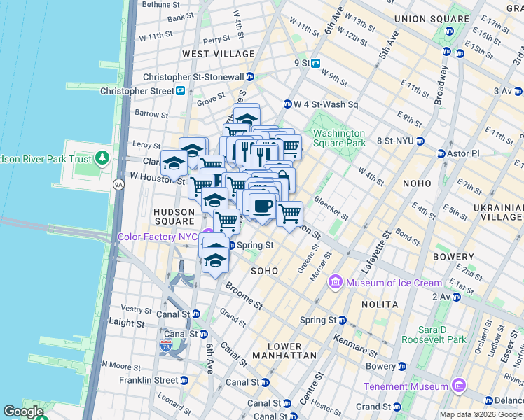 map of restaurants, bars, coffee shops, grocery stores, and more near 150 Sullivan Street in New York