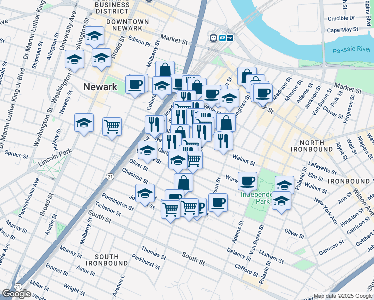 map of restaurants, bars, coffee shops, grocery stores, and more near 144 McWhorter Street in Newark