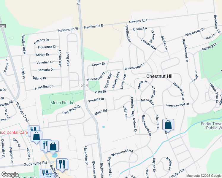map of restaurants, bars, coffee shops, grocery stores, and more near 2615 Upper Way in Easton