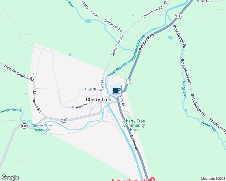 map of restaurants, bars, coffee shops, grocery stores, and more near 130 North Main Street in Cherry Tree