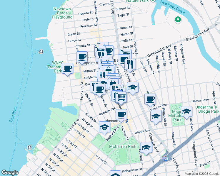 map of restaurants, bars, coffee shops, grocery stores, and more near 802 Manhattan Avenue in Brooklyn