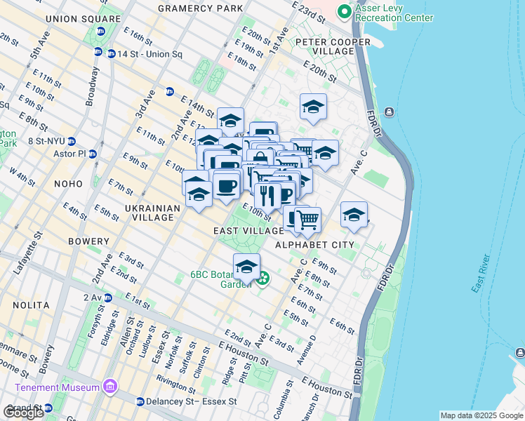 map of restaurants, bars, coffee shops, grocery stores, and more near 325 East 10th Street in New York