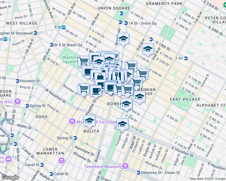 map of restaurants, bars, coffee shops, grocery stores, and more near 2 Cooper Square in New York
