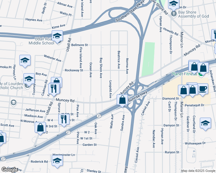 map of restaurants, bars, coffee shops, grocery stores, and more near 832 Bay Shore Avenue in West Islip