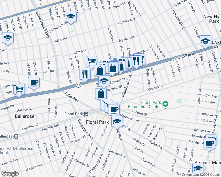 map of restaurants, bars, coffee shops, grocery stores, and more near Flower Avenue in Floral Park
