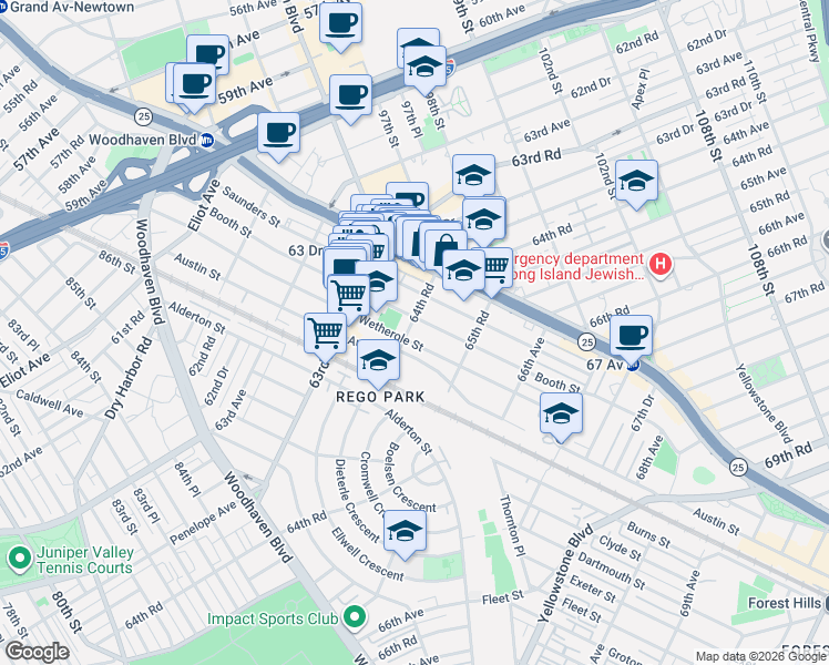 map of restaurants, bars, coffee shops, grocery stores, and more near 94-10 64th Road in Queens
