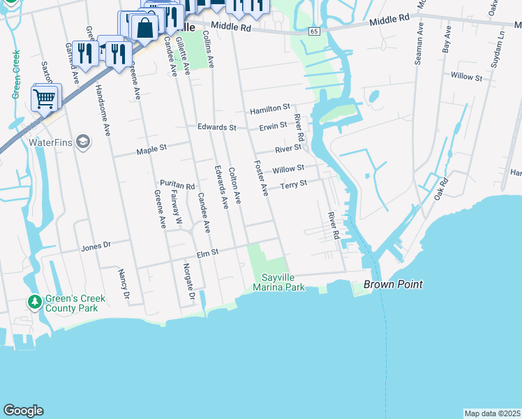 map of restaurants, bars, coffee shops, grocery stores, and more near 286 Foster Avenue in Sayville