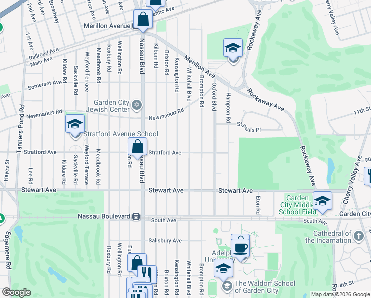 map of restaurants, bars, coffee shops, grocery stores, and more near 143 Kensington Road in Garden City