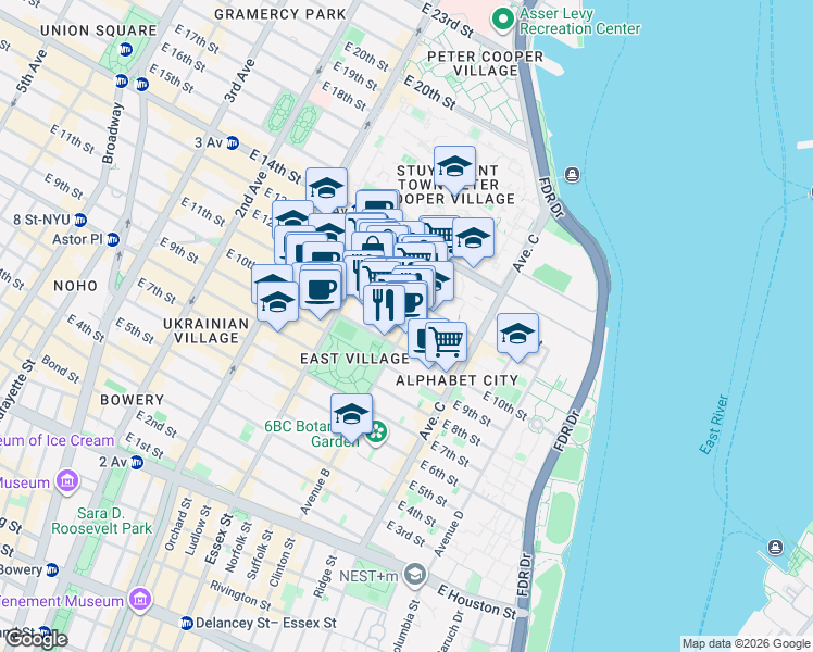 map of restaurants, bars, coffee shops, grocery stores, and more near E 11th St & Avenue B in New York