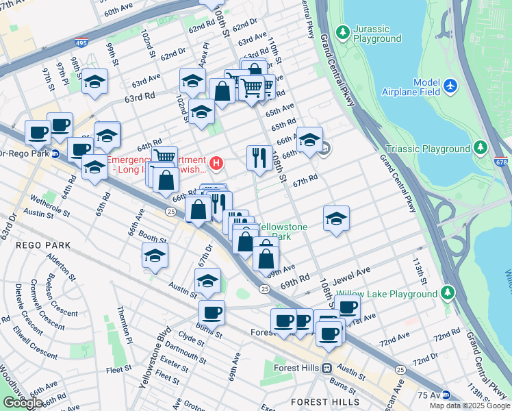 map of restaurants, bars, coffee shops, grocery stores, and more near 102-98 67th Road in Queens
