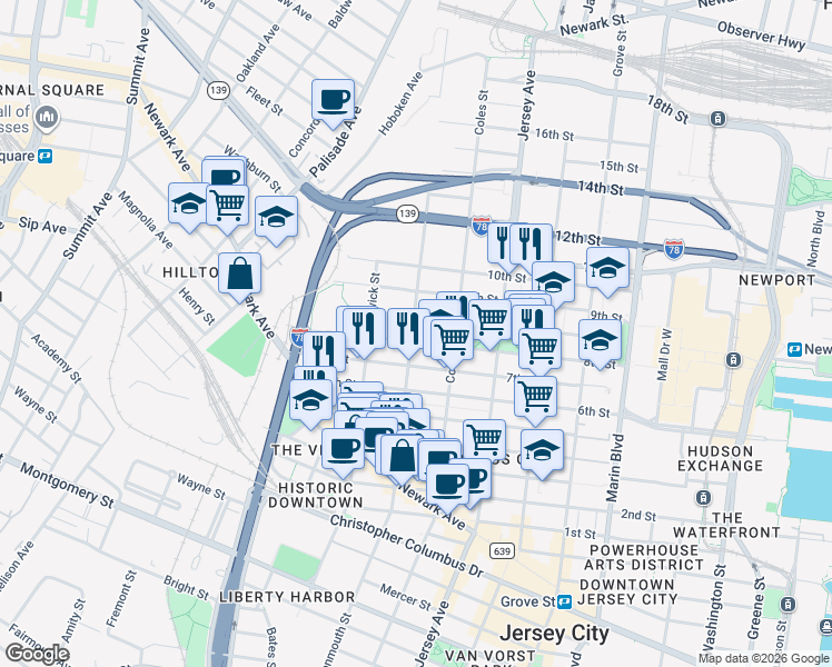 map of restaurants, bars, coffee shops, grocery stores, and more near 331 1/2 Pavonia Avenue in Jersey City