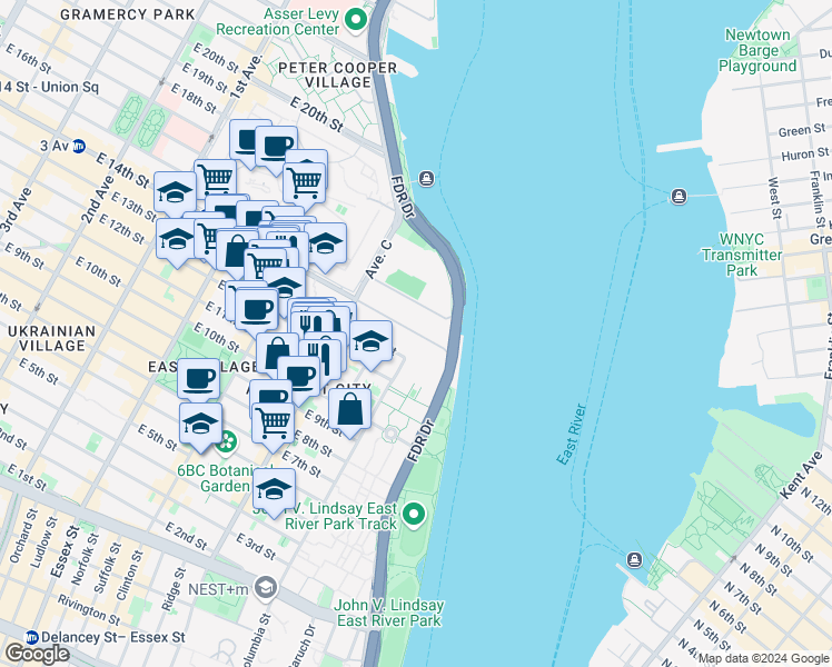 map of restaurants, bars, coffee shops, grocery stores, and more near 903 East 14th Street in New York