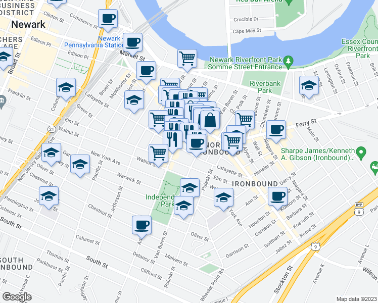 map of restaurants, bars, coffee shops, grocery stores, and more near 311 Lafayette Street in Newark