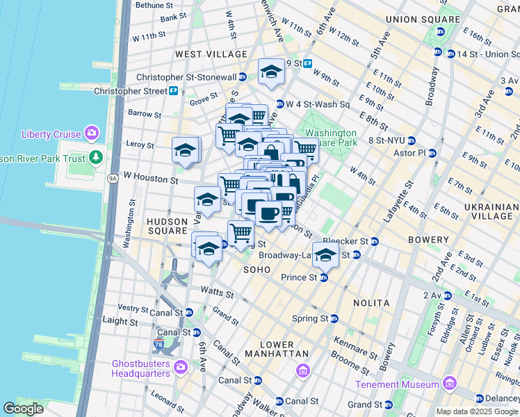 map of restaurants, bars, coffee shops, grocery stores, and more near 171 Sullivan Street in New York