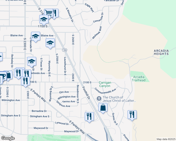 map of restaurants, bars, coffee shops, grocery stores, and more near 1945 Scenic Drive East in Salt Lake City