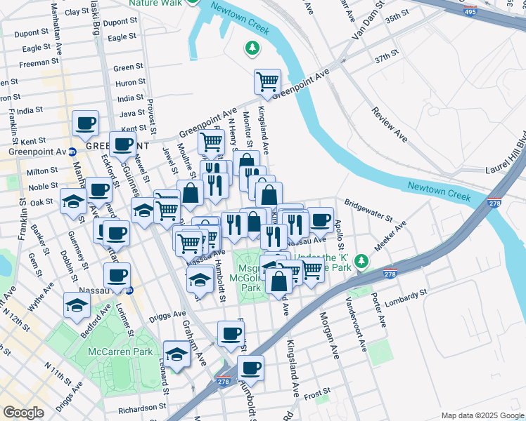 map of restaurants, bars, coffee shops, grocery stores, and more near 252 Norman Avenue in Brooklyn