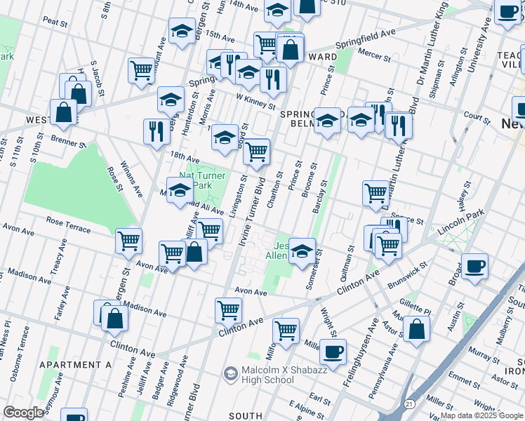 map of restaurants, bars, coffee shops, grocery stores, and more near 205 Irvine Turner Boulevard in Newark
