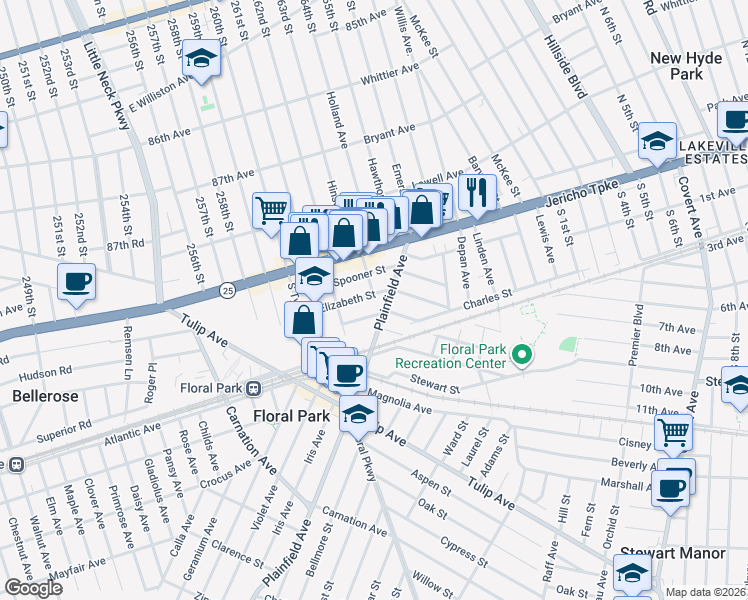 map of restaurants, bars, coffee shops, grocery stores, and more near 69 Elizabeth Street in Floral Park