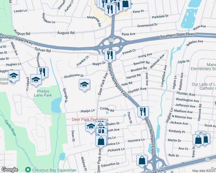 map of restaurants, bars, coffee shops, grocery stores, and more near 23 Hale Road in North Babylon