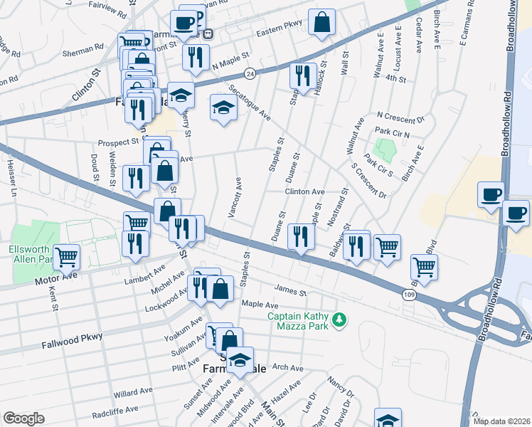 map of restaurants, bars, coffee shops, grocery stores, and more near 321 Staples Street in Farmingdale