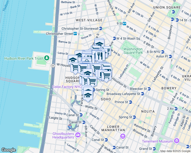 map of restaurants, bars, coffee shops, grocery stores, and more near 29 King Street in New York