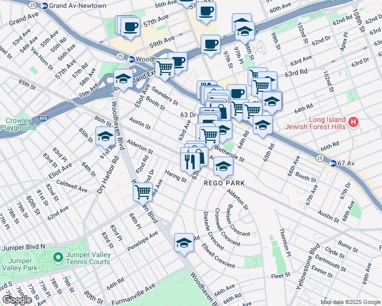 map of restaurants, bars, coffee shops, grocery stores, and more near 63-6 Austin Street in Queens