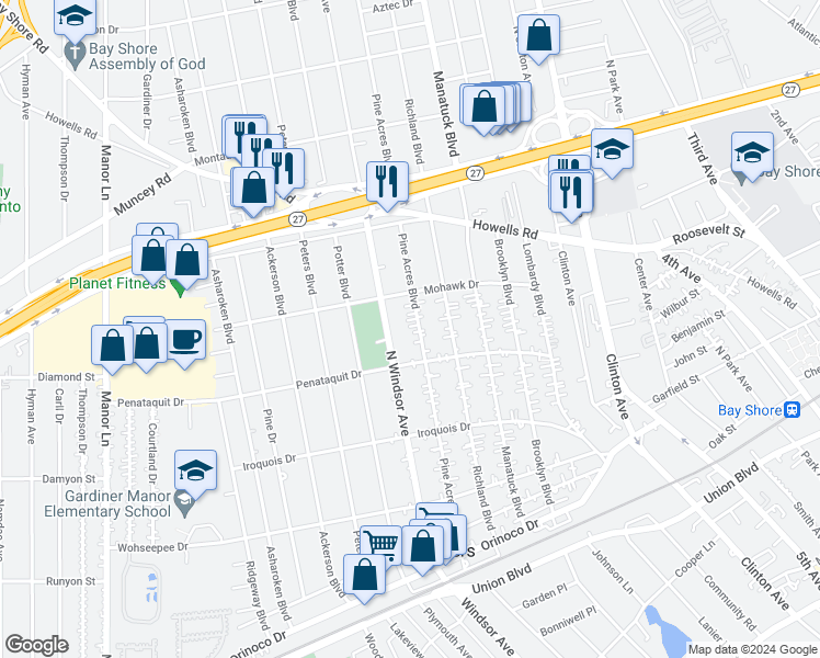 map of restaurants, bars, coffee shops, grocery stores, and more near 517 Pine Acres Boulevard in Brightwaters