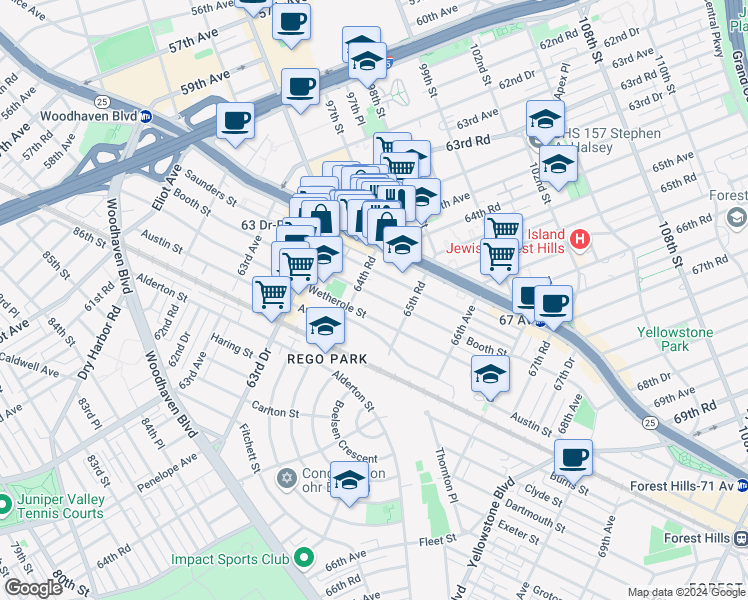 map of restaurants, bars, coffee shops, grocery stores, and more near 49 66th Road in Queens