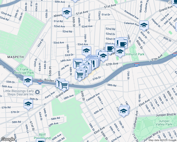 map of restaurants, bars, coffee shops, grocery stores, and more near 7009 Grand Avenue in Queens