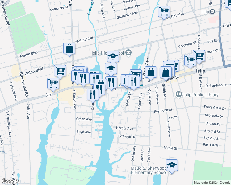 map of restaurants, bars, coffee shops, grocery stores, and more near 252 Main Street in Islip