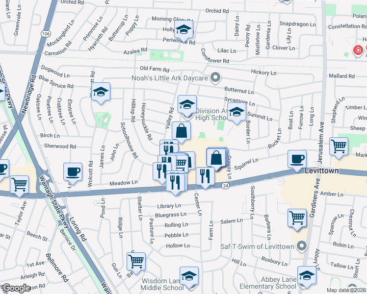 map of restaurants, bars, coffee shops, grocery stores, and more near 117 Division Avenue in Levittown