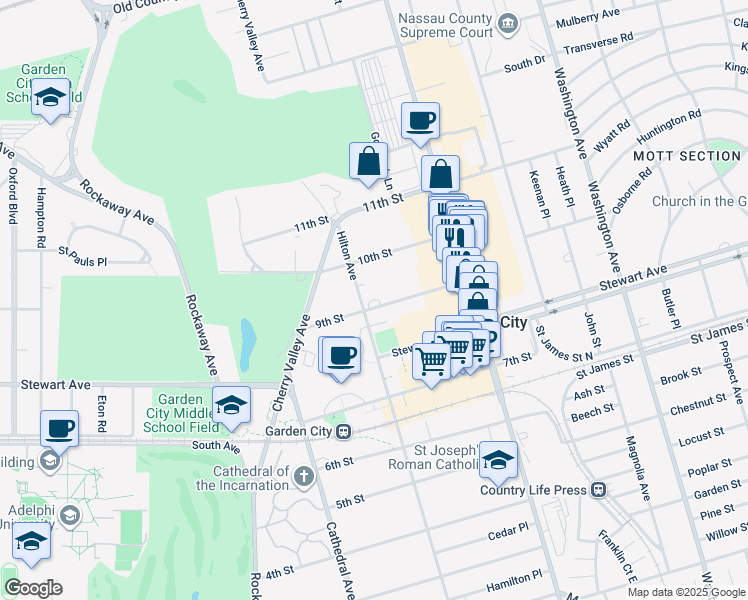 map of restaurants, bars, coffee shops, grocery stores, and more near 113 Hilton Avenue in Garden City