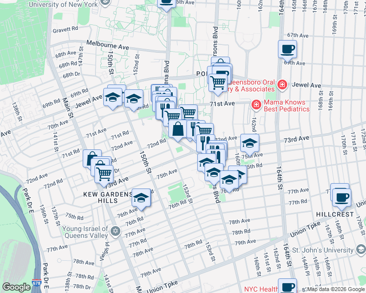 map of restaurants, bars, coffee shops, grocery stores, and more near in Queens