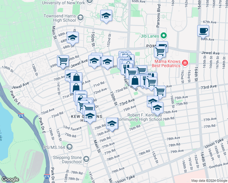 map of restaurants, bars, coffee shops, grocery stores, and more near 150-29 72nd Road in Queens