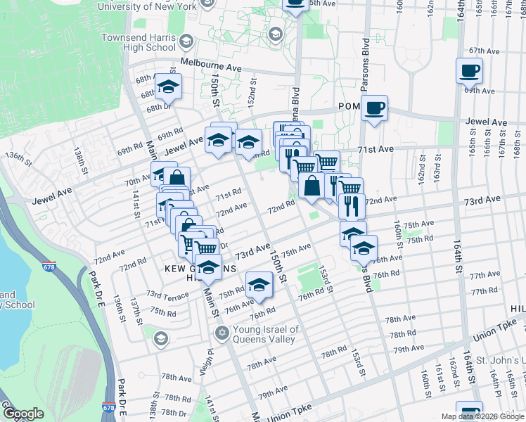 map of restaurants, bars, coffee shops, grocery stores, and more near 150-29 72nd Road in Queens
