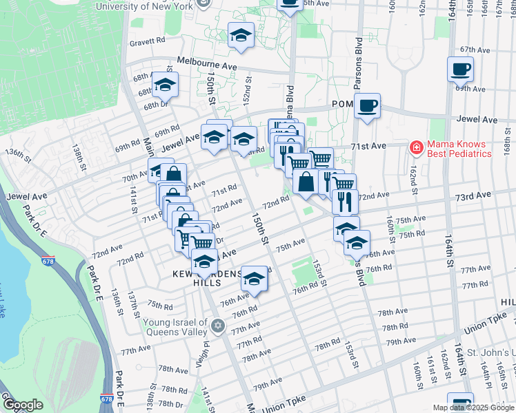 map of restaurants, bars, coffee shops, grocery stores, and more near 150-29 72nd Road in Queens