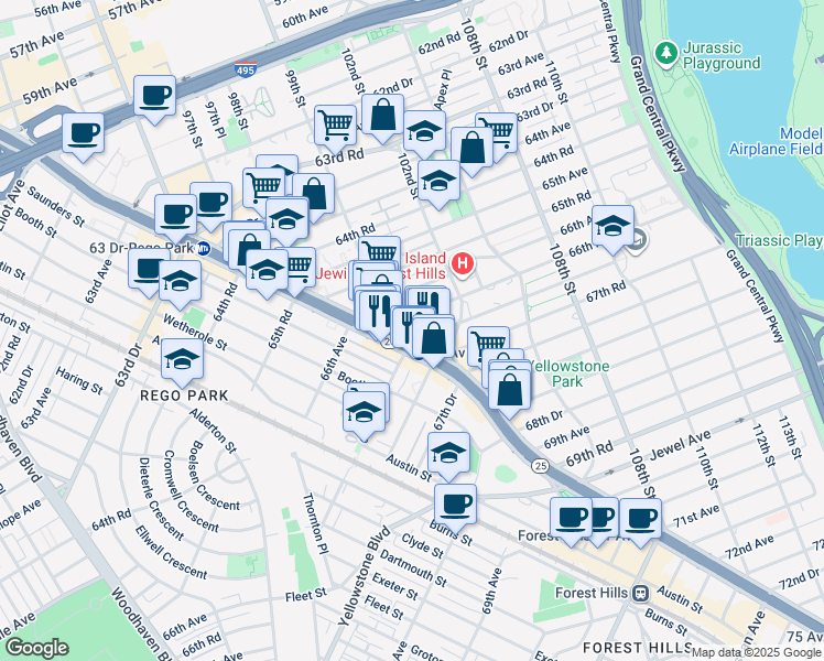 map of restaurants, bars, coffee shops, grocery stores, and more near 6611 99th Street in Queens
