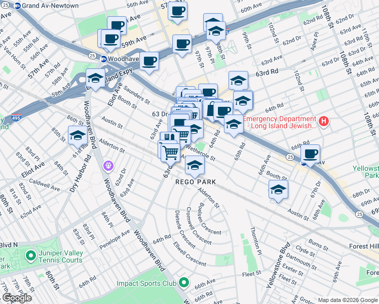 map of restaurants, bars, coffee shops, grocery stores, and more near in Queens