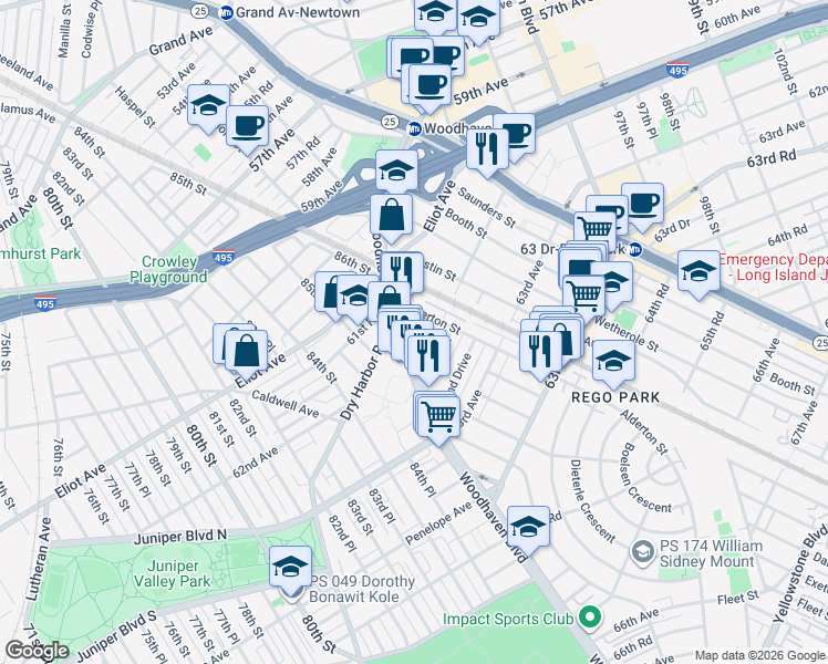 map of restaurants, bars, coffee shops, grocery stores, and more near 61-35 Woodhaven Boulevard in Queens