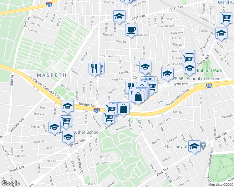 map of restaurants, bars, coffee shops, grocery stores, and more near 66-38 Jay Avenue in Queens
