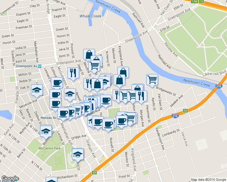 map of restaurants, bars, coffee shops, grocery stores, and more near 239 North Henry Street in Brooklyn