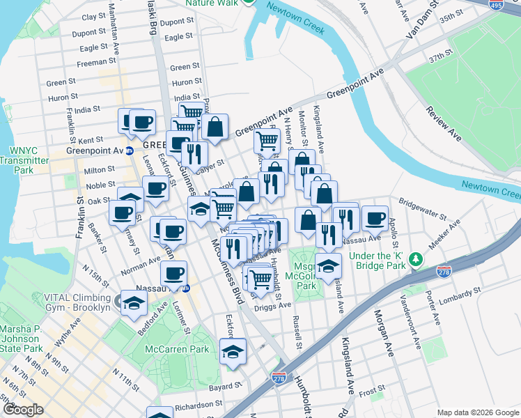 map of restaurants, bars, coffee shops, grocery stores, and more near 758 Humboldt Street in Brooklyn